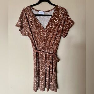 Brown and White Floral Midi Dress